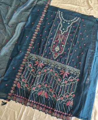 Teal blue pakistani crunchy silk heavy salwar kameez for women 4