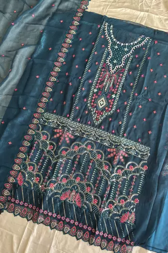 Teal blue pakistani crunchy silk heavy salwar kameez for women