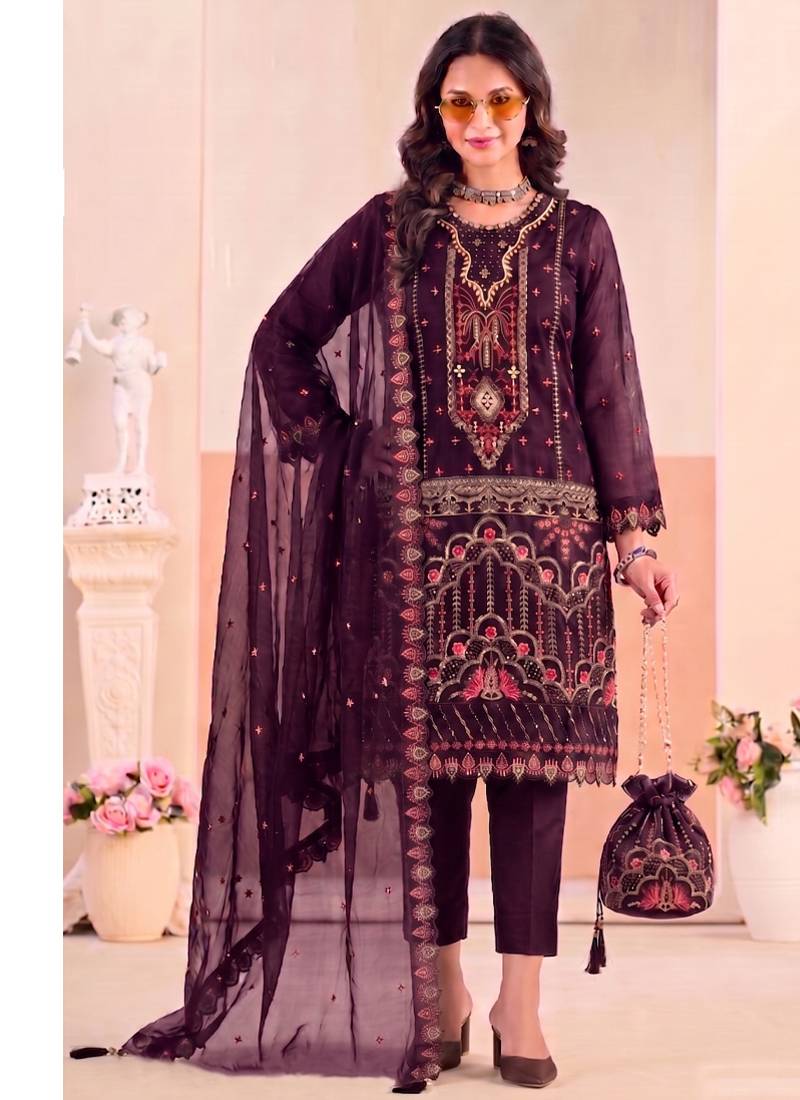 Purple pakistani crunchy silk heavy salwar kameez for women