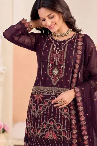 Purple pakistani crunchy silk heavy salwar kameez for women