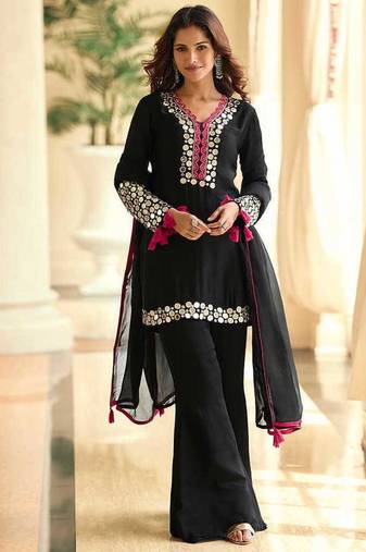 Embroidered black silk blend salwar kameez - free size stitched 42