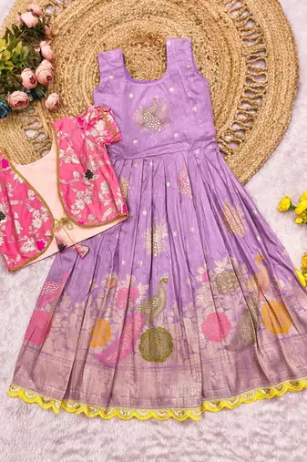 Kids lavendar color girls ethnic peacock motif woven gown with brocade jacket koti
