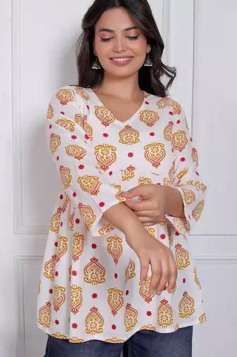 Women's rayon handmade block printed rayon fabric designer tops & tunics
