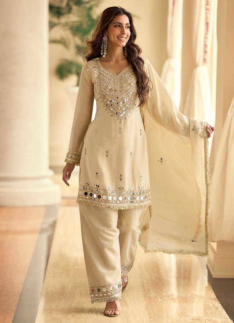 Embroidered cream silk blend salwar kameez - free size stitched 42