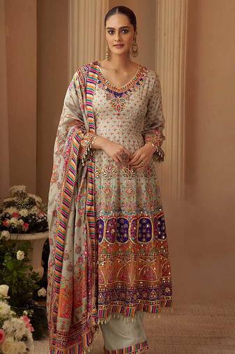 Light grey crepe silk  palazzo suit with print work - free size stitched 42