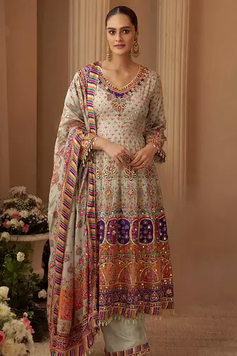 Light grey crepe silk  palazzo suit with print work - free size stitched 42
