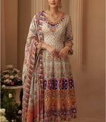Light grey crepe silk  palazzo suit with print work - free size stitched 42