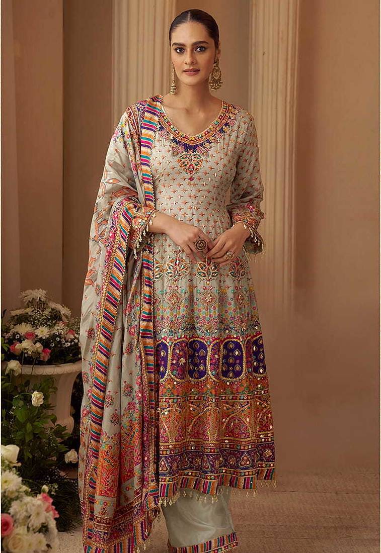Light grey crepe silk  palazzo suit with print work - free size stitched 42