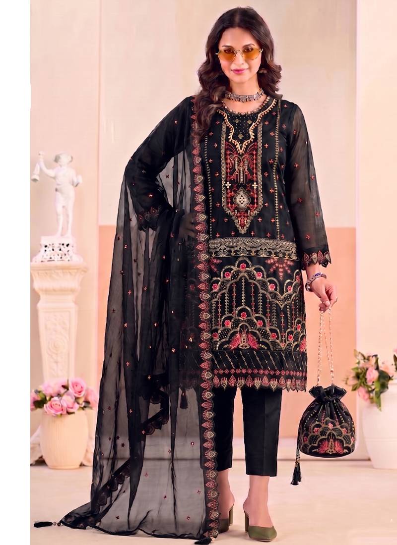 Black pakistani crunchy silk heavy salwar kameez for women