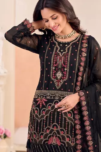 Black pakistani crunchy silk heavy salwar kameez for women