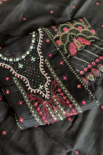 Black pakistani crunchy silk heavy salwar kameez for women