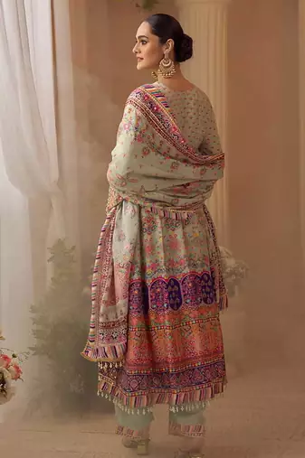 Light grey crepe silk  palazzo suit with print work - free size stitched 42