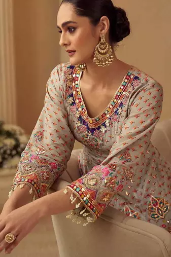 Light grey crepe silk  palazzo suit with print work - free size stitched 42