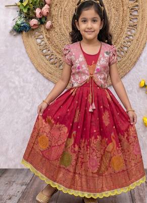 red silk girls gown with brocade koti jacket  2