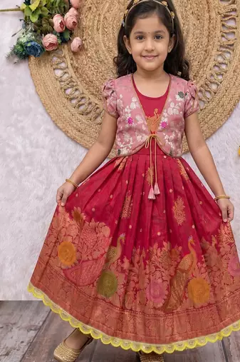 Kids lavendar color girls ethnic peacock motif woven red gown with brocade jacket koti