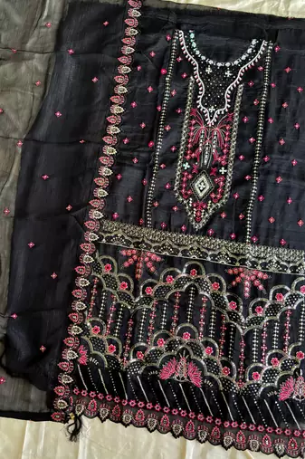 Black pakistani crunchy silk heavy salwar kameez for women