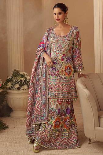 Light grey crepe silk  palazzo suit with print work - free size stitched 42