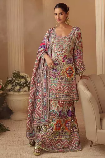 Light grey crepe silk  palazzo suit with print work - free size stitched 42