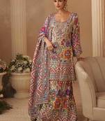 Light grey crepe silk  palazzo suit with print work - free size stitched 42