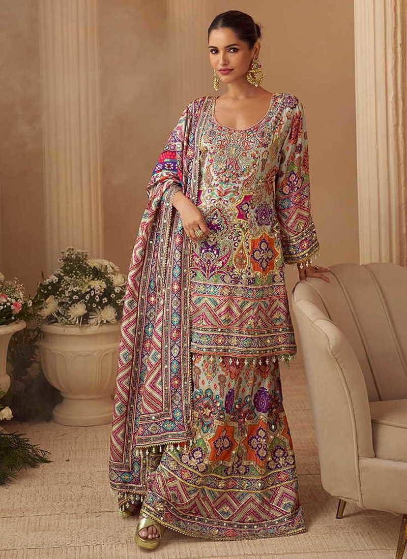 Light grey crepe silk  palazzo suit with print work - free size stitched 42