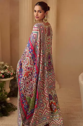Light grey crepe silk  palazzo suit with print work - free size stitched 42