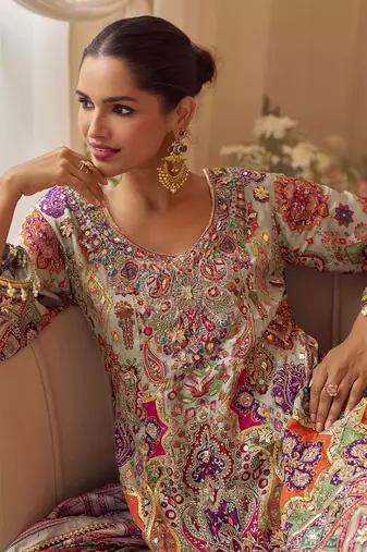 Light grey crepe silk  palazzo suit with print work - free size stitched 42