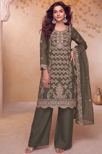 Heavy embroidery worked two ton moss silk grey suit for women