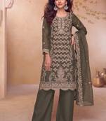 Heavy embroidery worked two ton moss silk grey suit for women