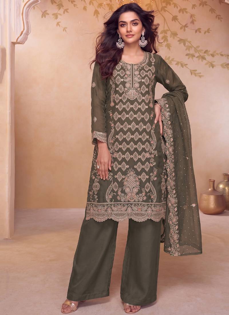 Heavy embroidery worked two ton moss silk grey suit for women