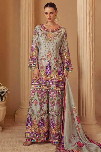 Light grey crepe silk  palazzo suit with print work - free size stitched 42
