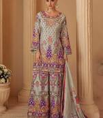 Light grey crepe silk  palazzo suit with print work - free size stitched 42