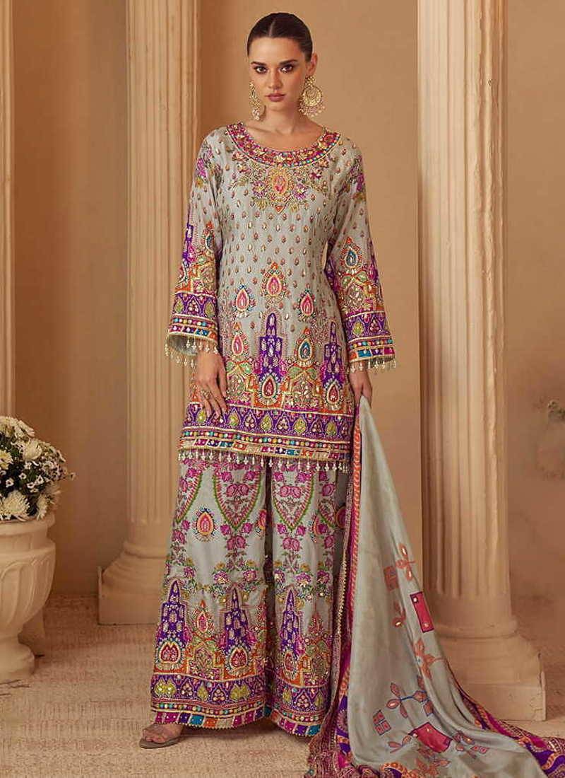 Light grey crepe silk  palazzo suit with print work - free size stitched 42