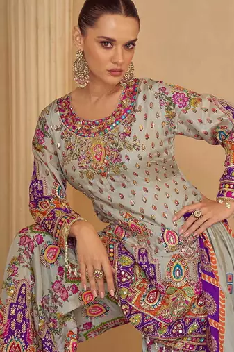 Light grey crepe silk  palazzo suit with print work - free size stitched 42