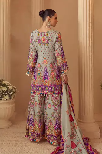 Light grey crepe silk  palazzo suit with print work - free size stitched 42