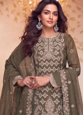 Heavy embroidery worked two ton moss silk grey suit for women 2