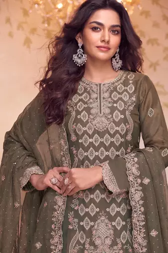 Heavy embroidery worked two ton moss silk grey suit for women