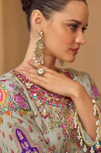 Light grey crepe silk  palazzo suit with print work - free size stitched 42