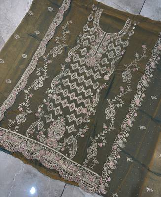 Heavy embroidery worked two ton moss silk grey suit for women 3