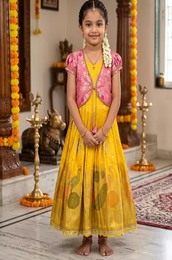 Kids lavendar color girls ethnic peacock motif woven yellow  gown with brocade jacket koti
