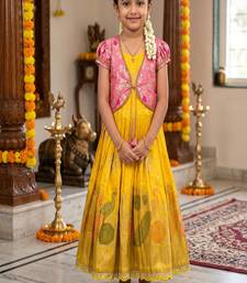 Kids lavendar color  girls ethnic peacock motif woven yellow   gown with brocade jacket koti