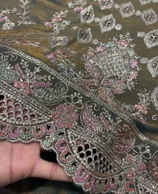 Heavy embroidery worked two ton moss silk grey suit for women 4