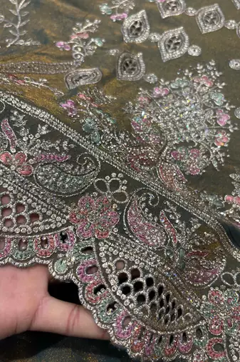 Heavy embroidery worked two ton moss silk grey suit for women