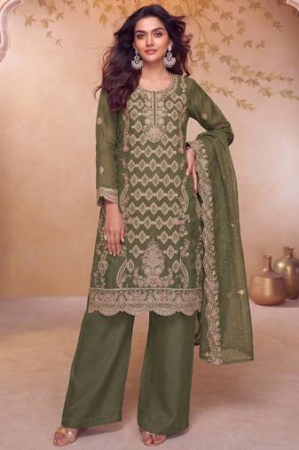 Heavy embroidery worked two ton moss silk parrot green suit for women