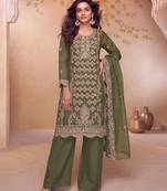 Heavy embroidery worked two ton moss silk parrot green suit for women