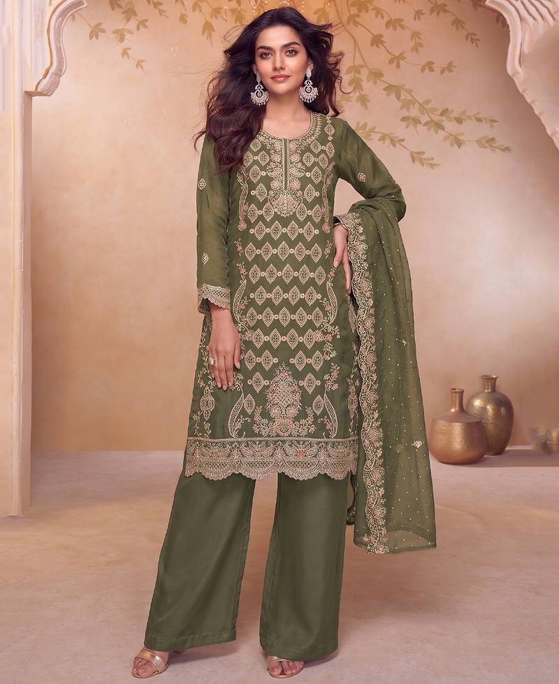 Heavy embroidery worked two ton moss silk parrot green suit for women