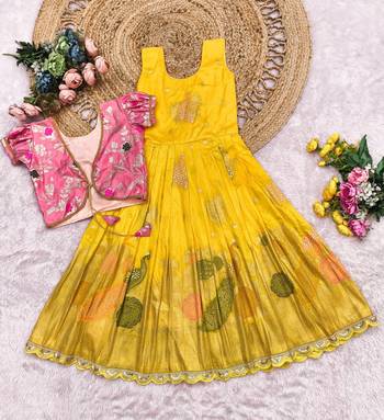 mustard silk girls gown with brocade koti jacket  3