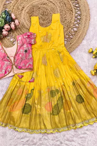 Kids lavendar color girls ethnic peacock motif woven yellow  gown with brocade jacket koti