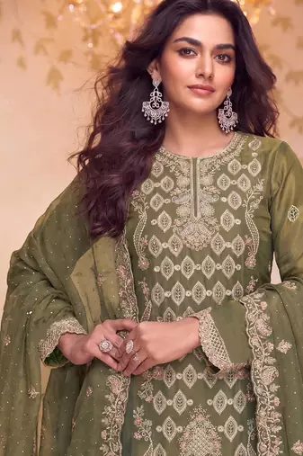 Heavy embroidery worked two ton moss silk parrot green suit for women