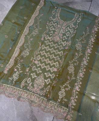 Heavy embroidery worked two ton moss silk parrot green suit for women 3