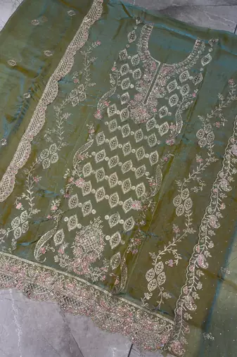 Heavy embroidery worked two ton moss silk parrot green suit for women